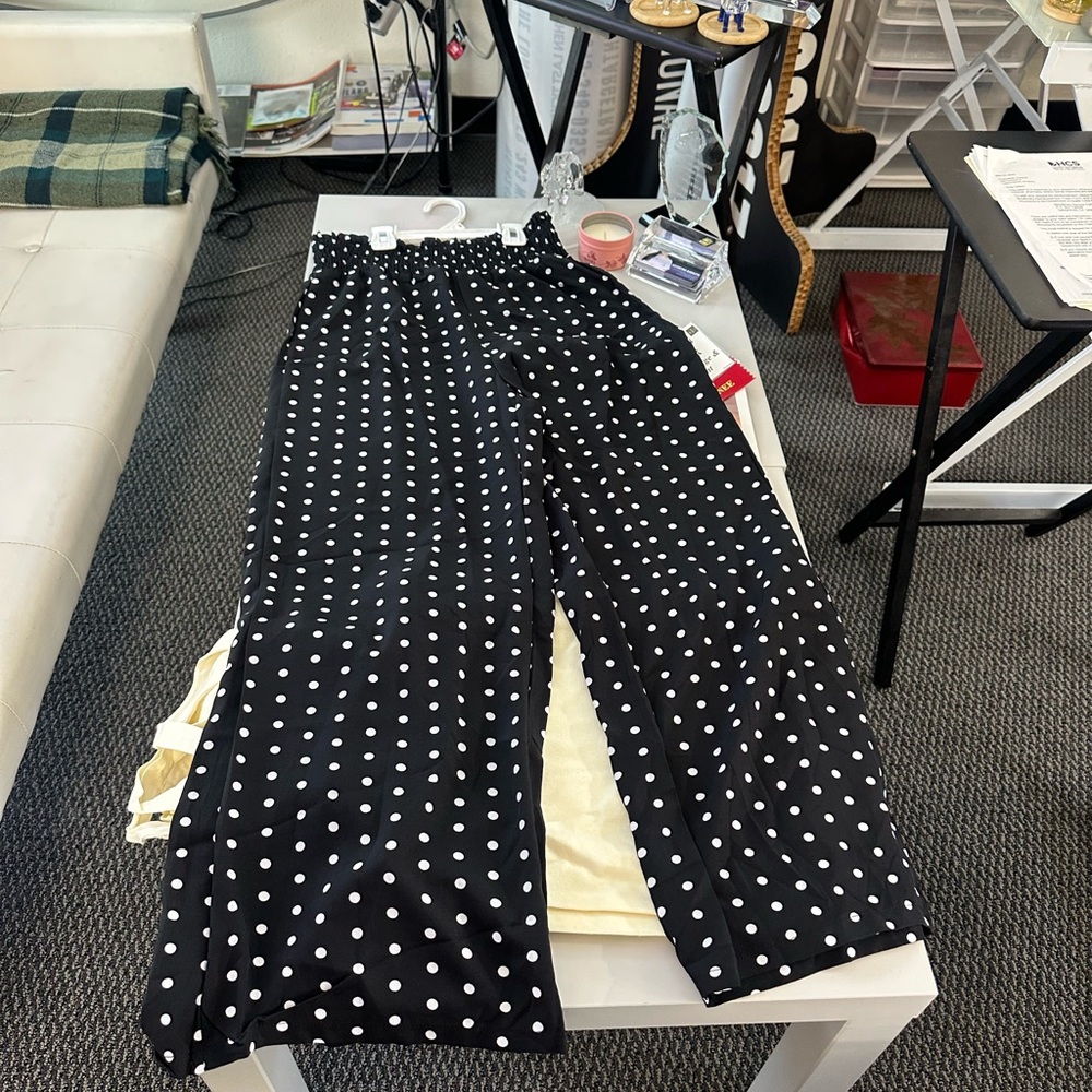 Black White Polka Dot Wide Leg Pants – High Waist Smocked Waistband - Picture 6 of 10